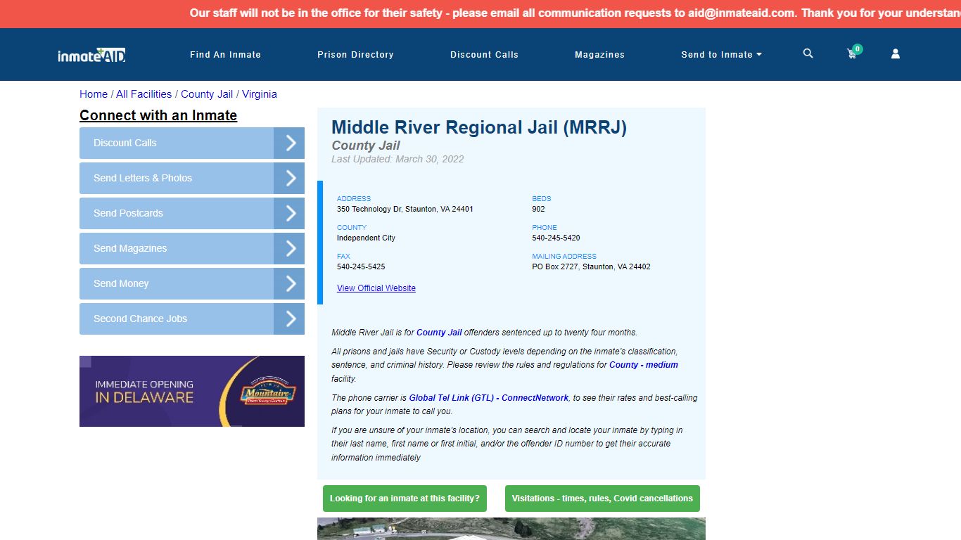 Middle River Regional Jail (MRRJ) - Inmate Locator ...